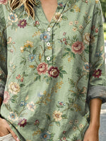 Women's Retro Floral Pattern Art Print Casual Long Sleeve Linen Shirt