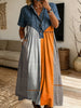 Geometric Stripe Pattern Art Print Casual Stylish Lapel Denim Patchwork Dress