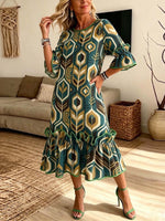 Retro Floral Pattern Art Print Casual Ruffle Stylish Cotton Linen Dress