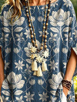 Women's Floral Pattern Art Print Casual Short Sleeve Cotton Linen Shirt