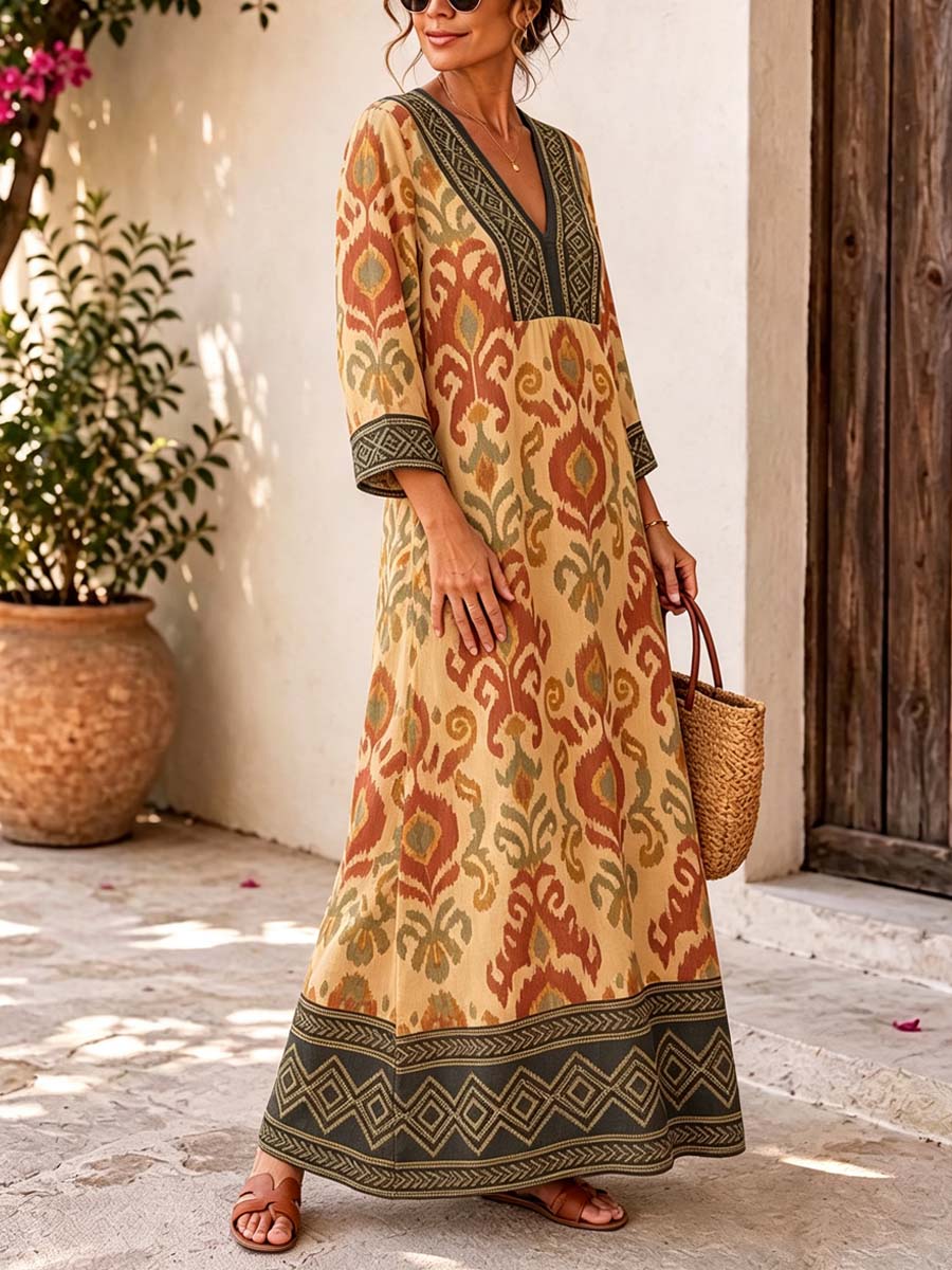 Retro Ethnic Pattern Art Print Casual V-neck Cotton Linen Maxi Dress