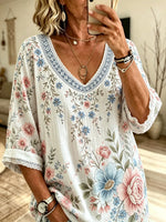 Women's White Base Large Peony Daisy Floral Print V-Neck Loose Short Sleeve Blouse