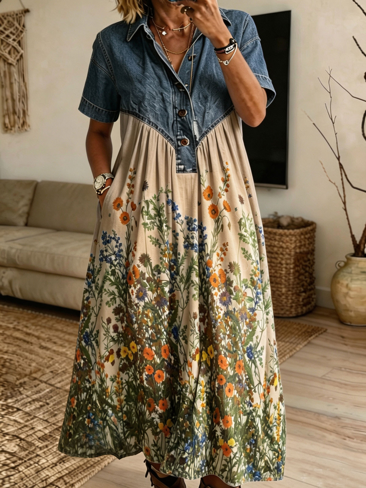 Women Denim Spliced Wild Floral Shirt Midi Dress With Pockets