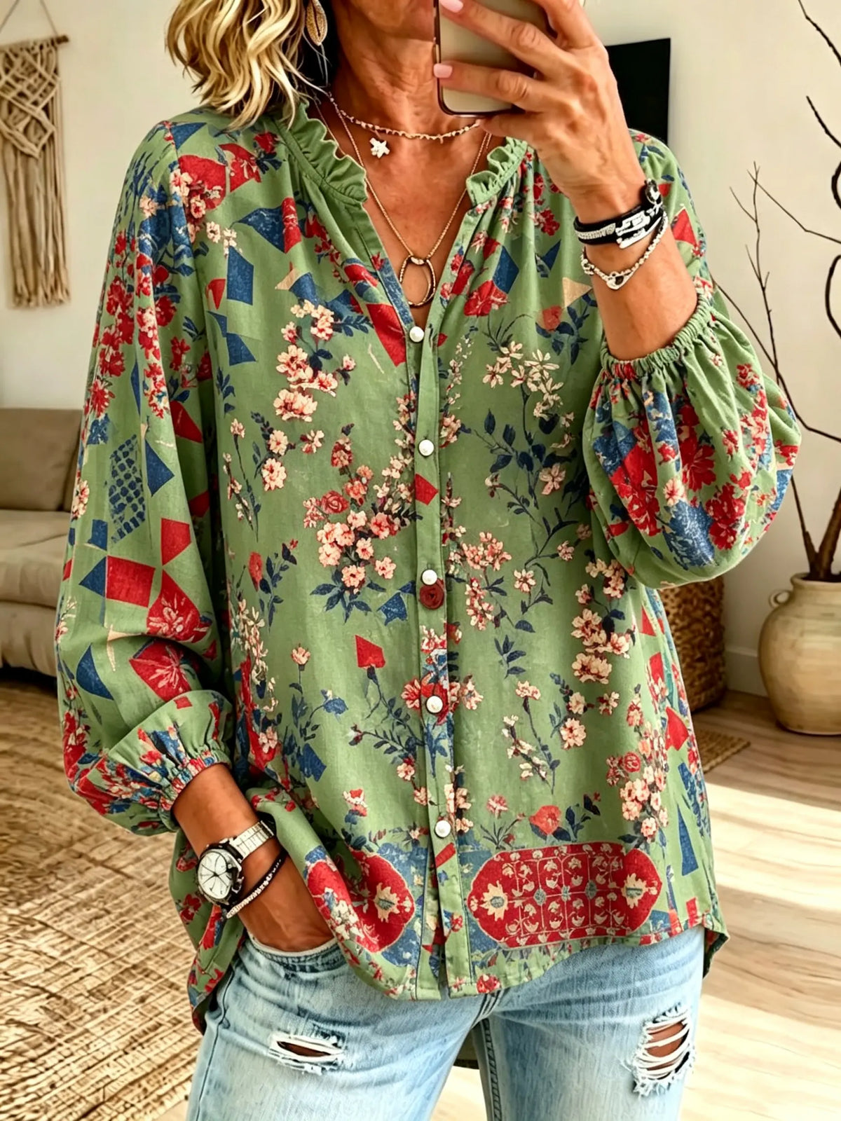 Women's Pastoral Floral Geometric Spliced Print Ruffle V-Neck Blouse
