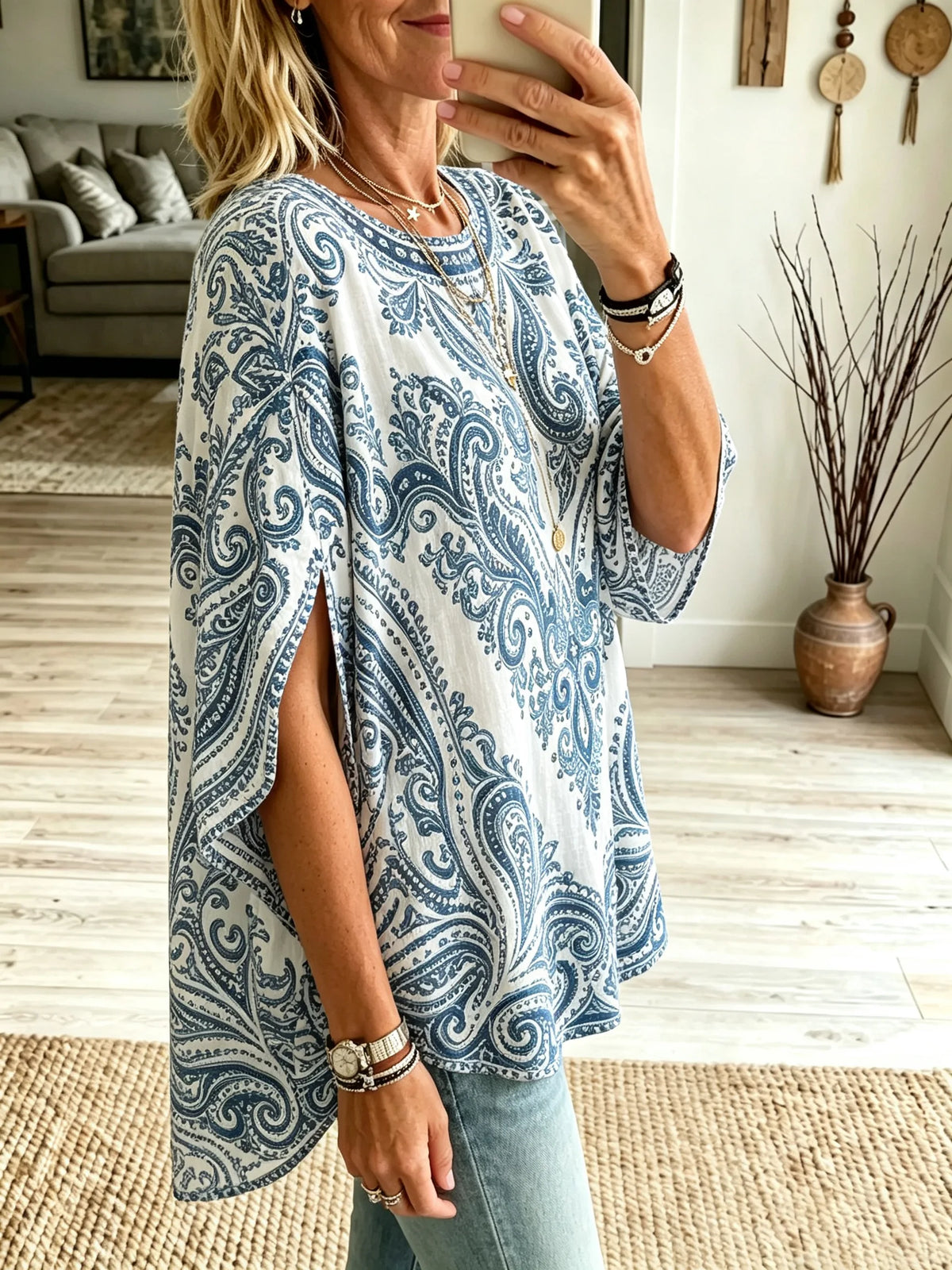 Women Blue White Paisley Round Neck Split Tunic Top