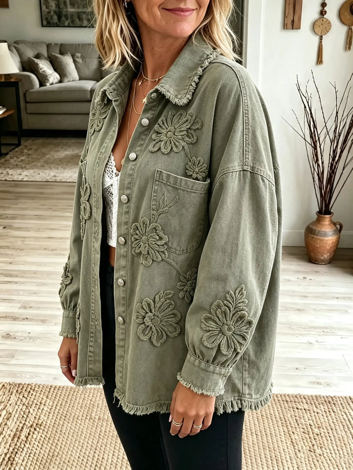 Women's Floral Applique Frayed Denim Jacket
