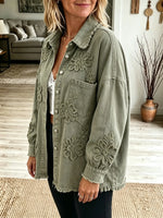 Women's Floral Applique Frayed Denim Jacket