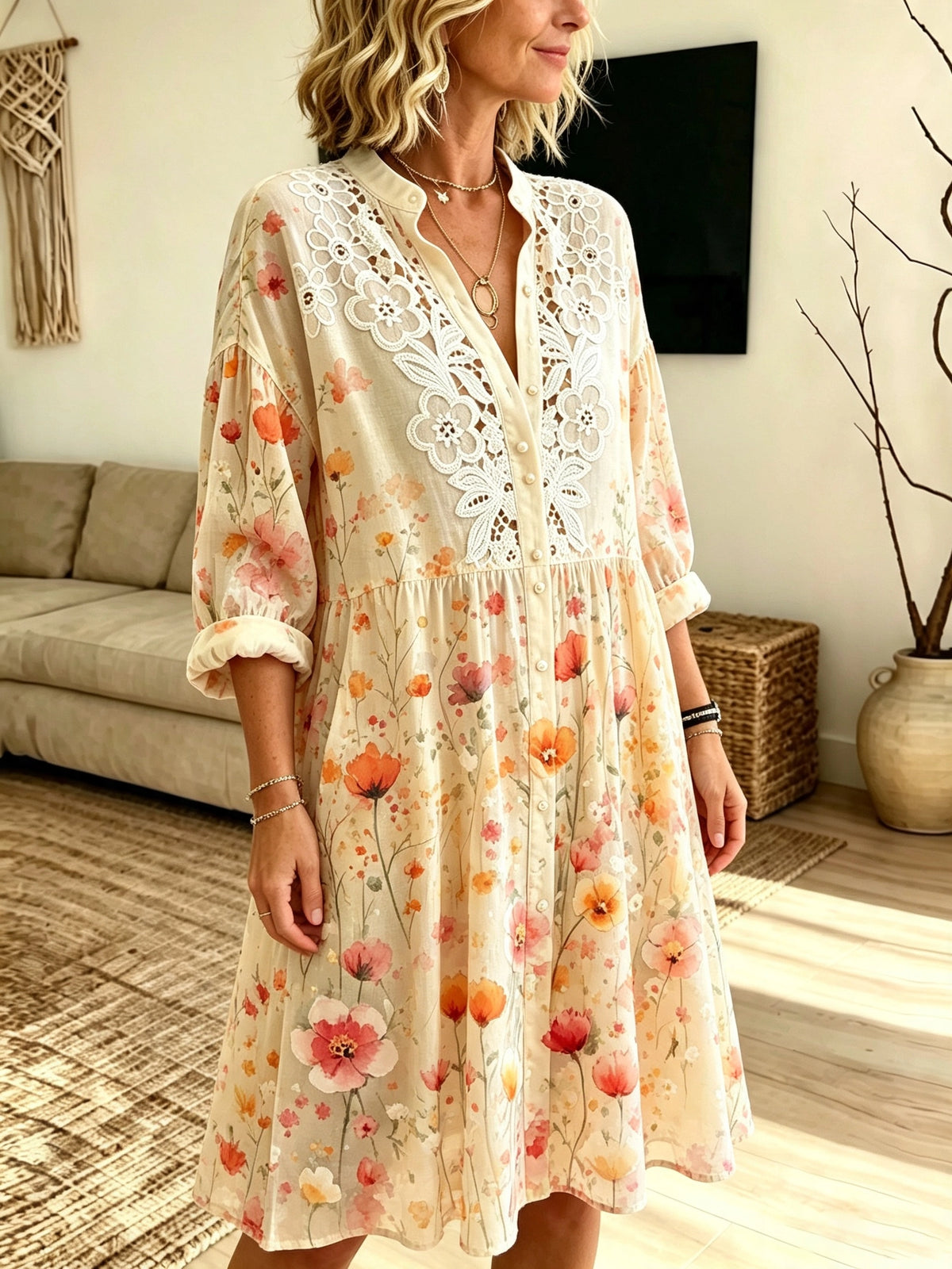 Women's Floral Crochet Lace Shirt Dress