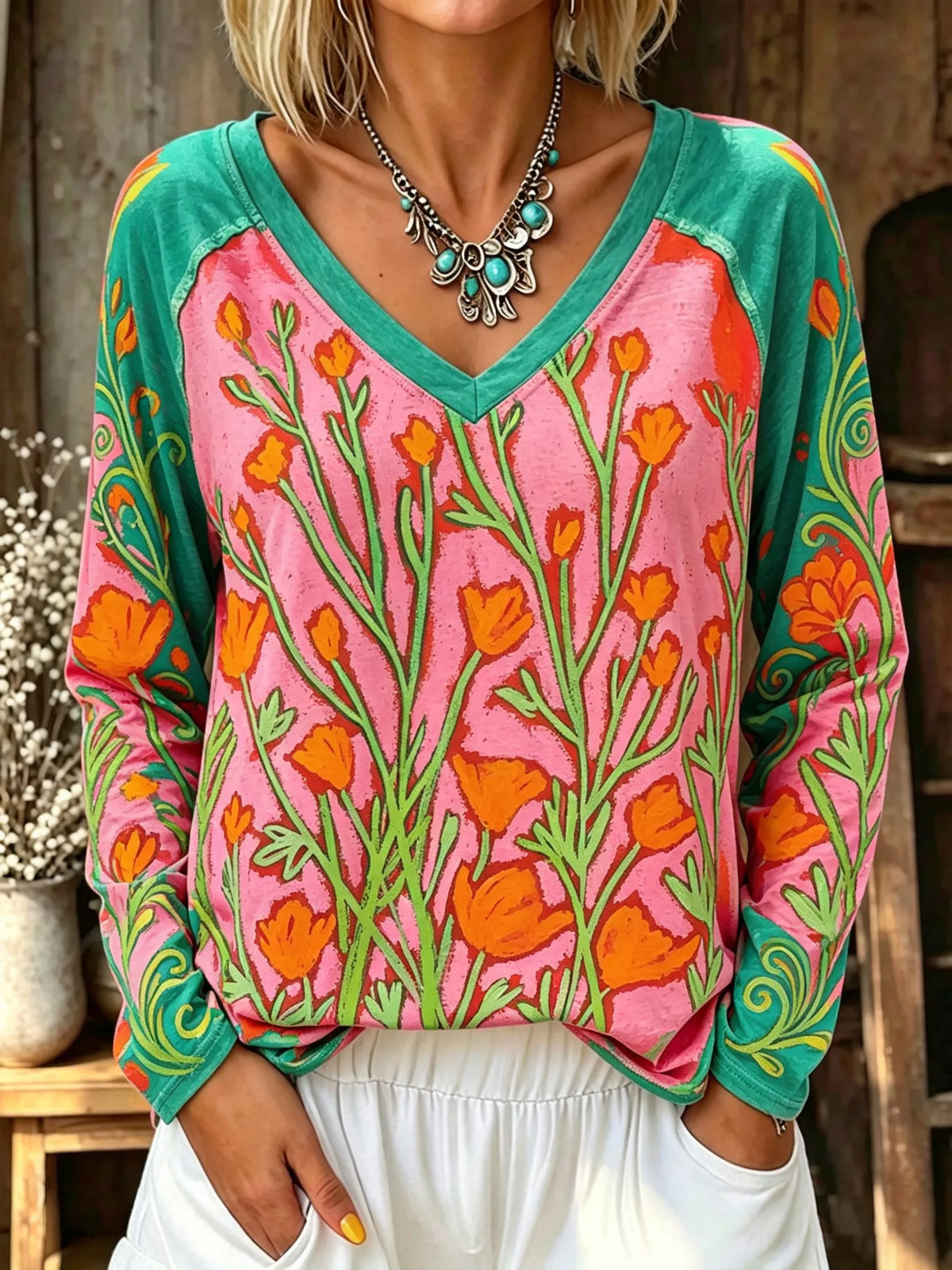 Women's Colorful Floral Print V-Neck Raglan Long Sleeve Top