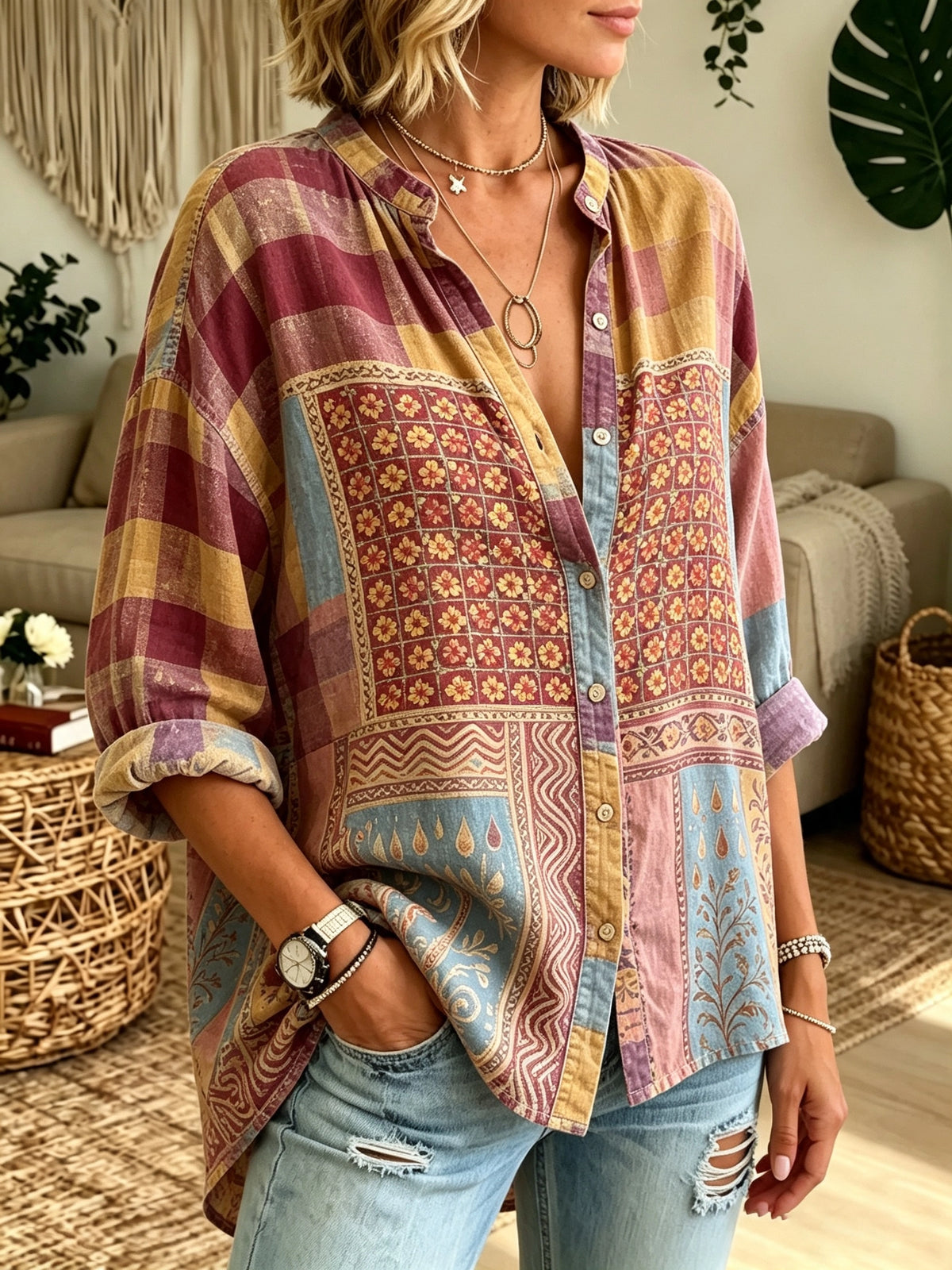 Women's Checkered Floral Patchwork Print Button-Down Shirt