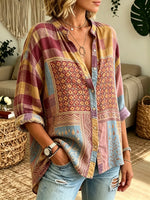 Women's Checkered Floral Patchwork Print Button-Down Shirt