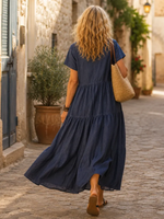 Women's Tiered Short Sleeve Denim Maxi Dress