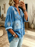 Women’s Blue White Floral Print Button Down Shirt
