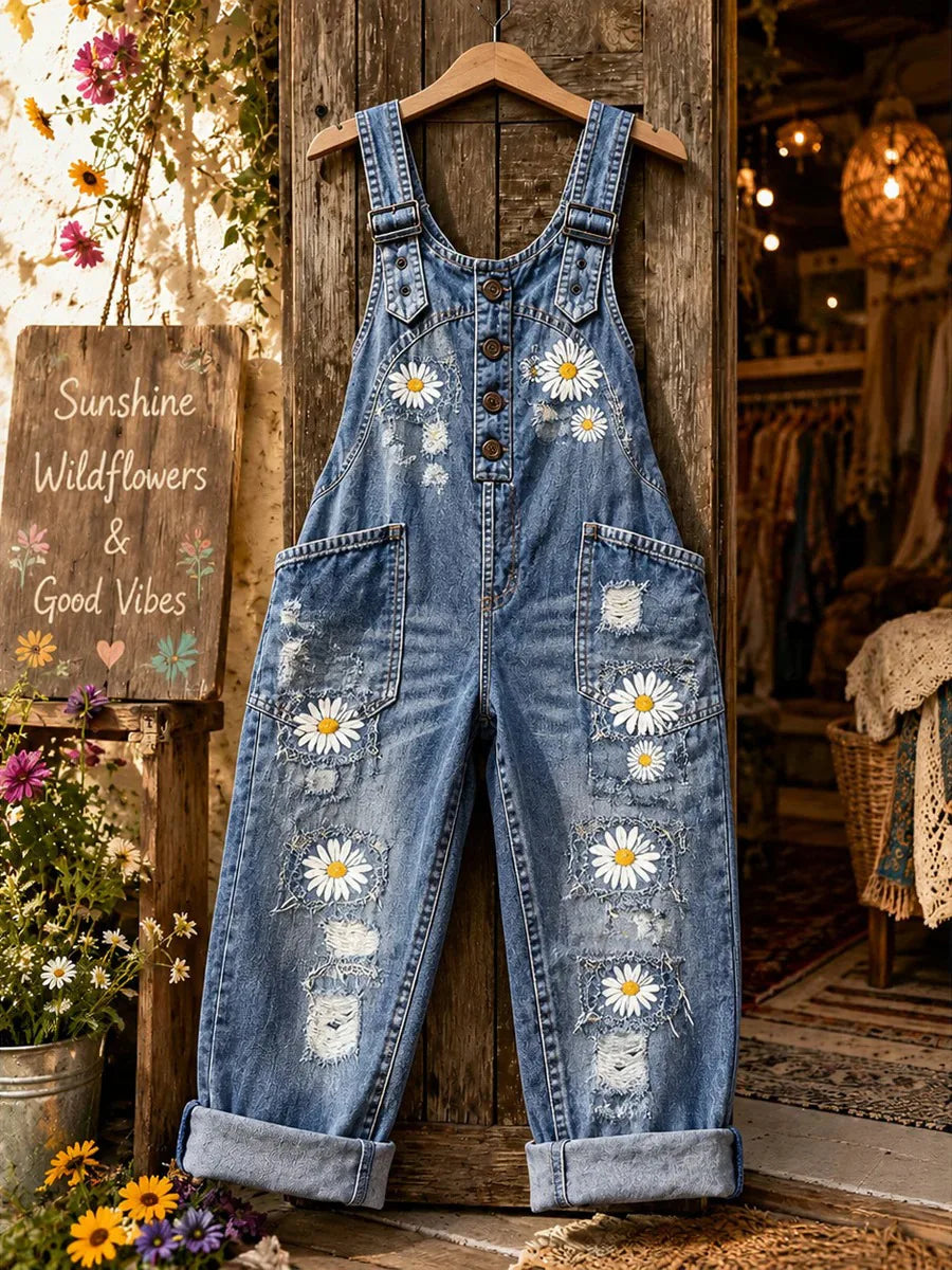 Women's Distressed Daisy Floral Washed Denim Print Loose Cuffed Overalls