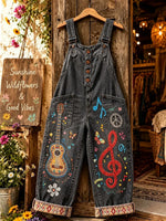 Women's Vintage Music Guitar Print Denim Overalls Long Pants