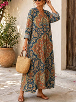 Retro Ethnic Floral Pattern Art Print Casual V-neck Long Sleeve Cotton Linen Maxi Dress