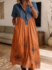 Vintage Elegant Color Blocking Pattern Print Patchwork Denim Dress