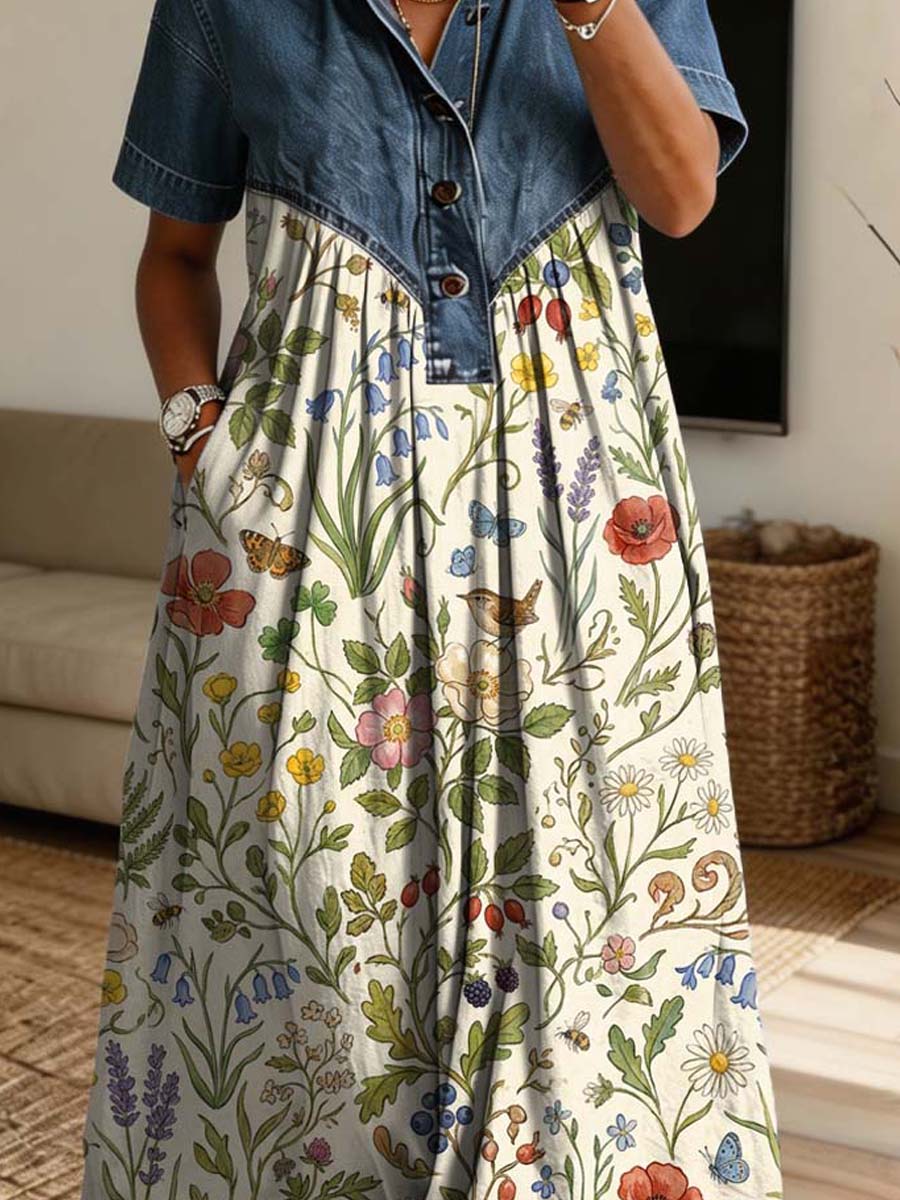 Vintage Floral Pattern Art Print Casual Stylish Lapel Denim Patchwork Dress