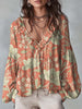 Women's Floral Pattern Art Print Ruffle Casual Long Sleeve Cotton Linen Shirt