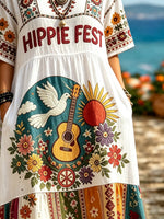 Women's Hippie Fest Guitar Dove Sun Floral Ethnic Print Short Sleeve Tiered Midi Dress