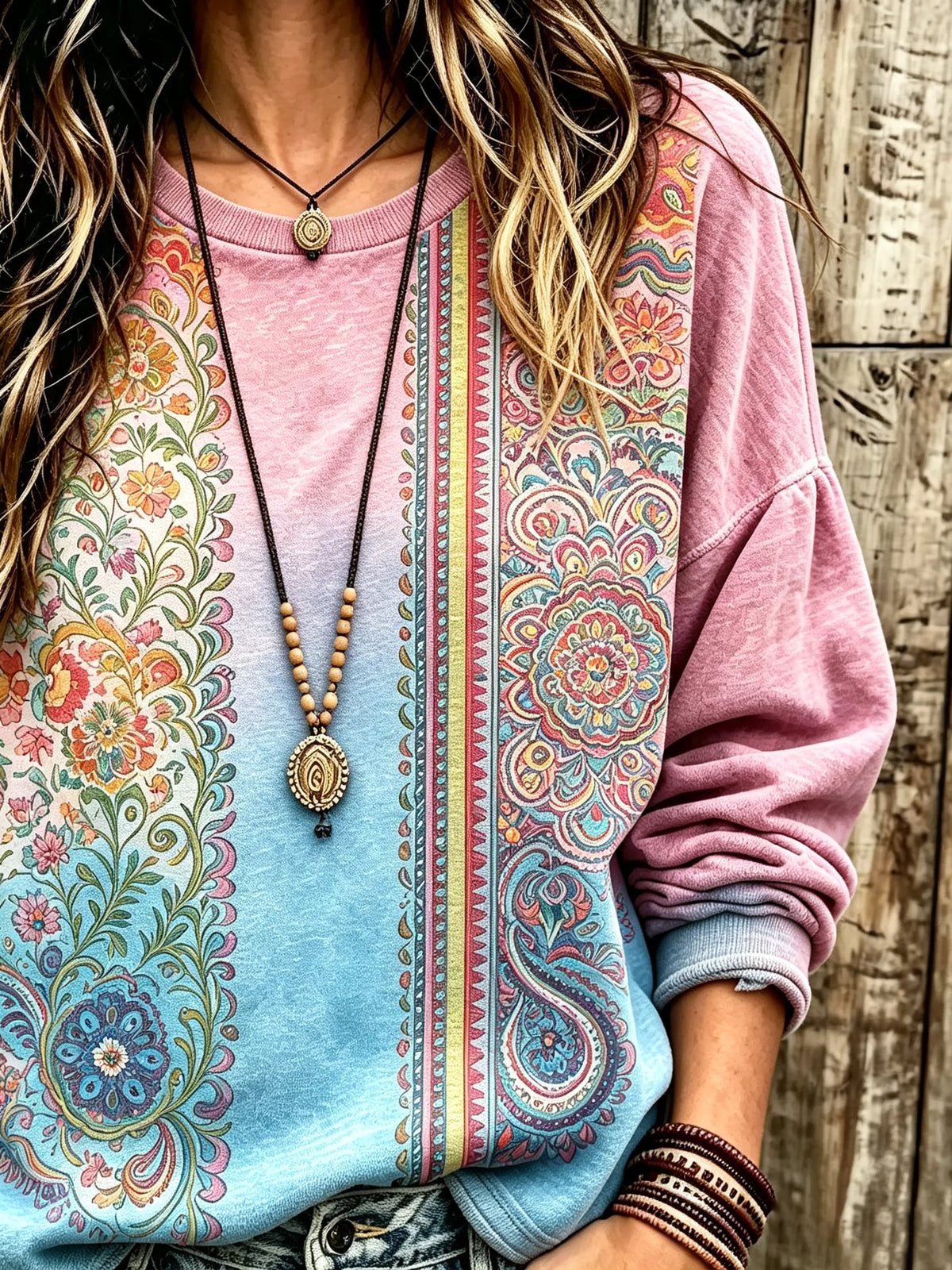 Women's Paisley Floral Vertical Stripe Gradient Crew Neck Long Sleeve Sweatshirt