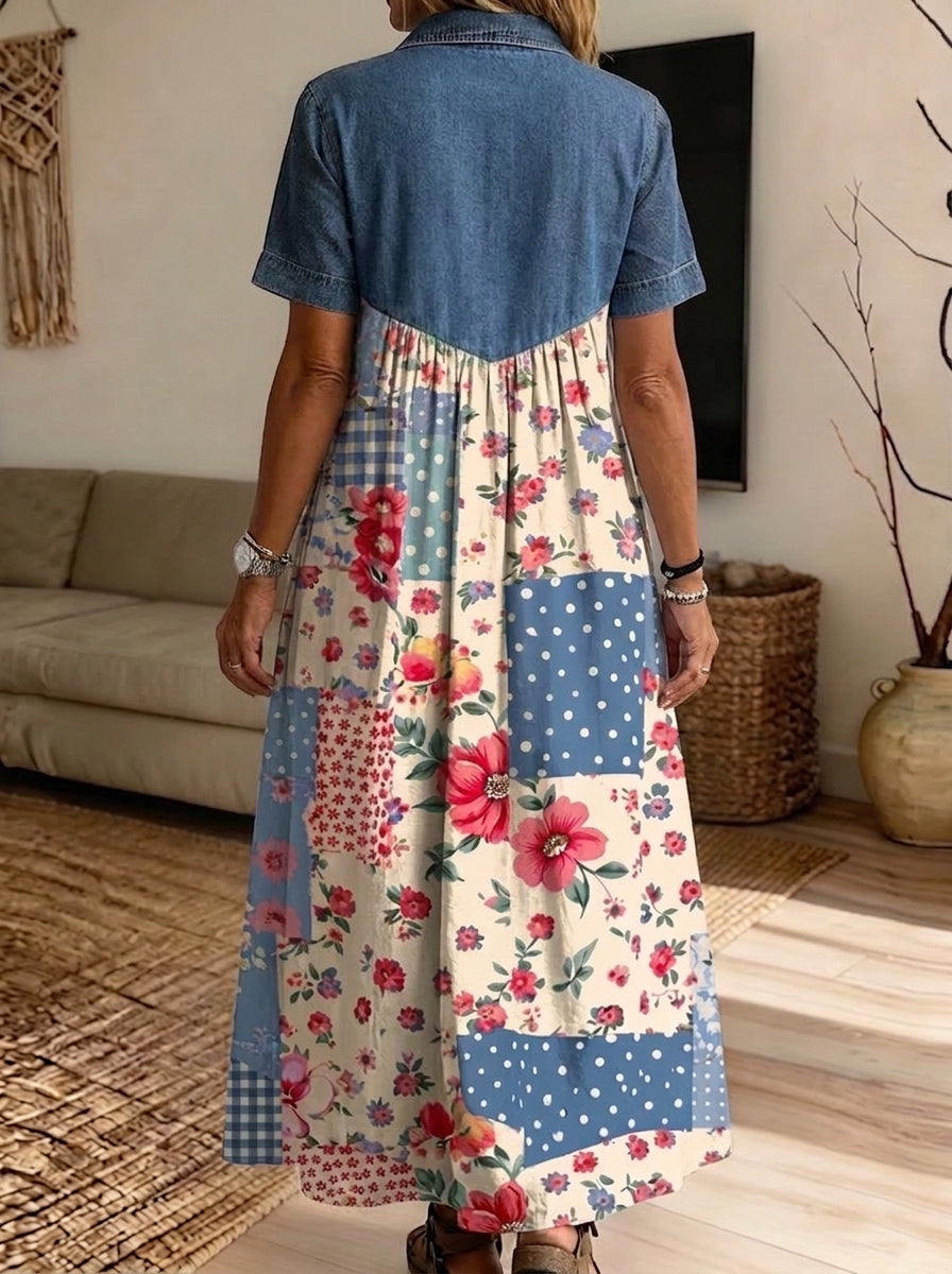 Women’s Denim Spliced Leopard Floral Print Loose Midi Dress With Pockets