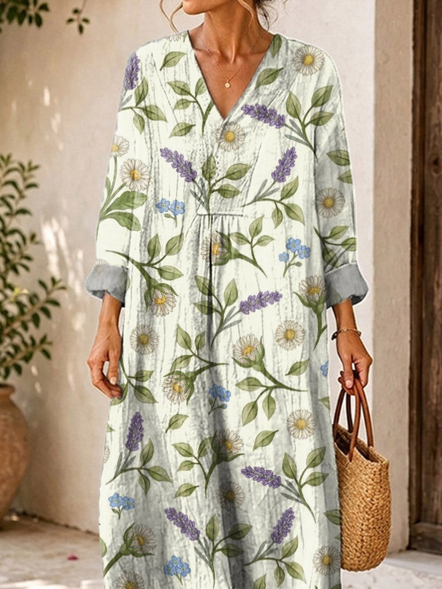 Retro Floral Pattern Art Print Casual V-neck Long Sleeve Cotton Linen Maxi Dress