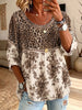 Women's Hollow Lace Spliced Leopard Floral Two-Tone 3/4 Sleeve Blouse