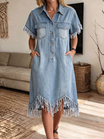 Women's Frayed Tassel Hem Short Sleeve Denim Shirt Dress With Pockets