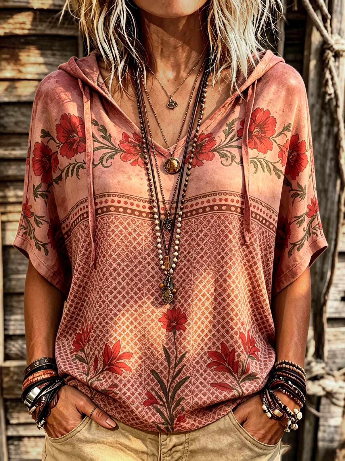 Women's Geometric Floral Print Short Sleeve Top