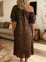 Women's Off Shoulder Leopard Print Puff Sleeve Midi Dress With Pockets