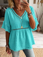 Vintage Elegant Openwork Lace Patchwork Cotton And Linen Shirt