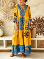 Women's Sunflower Floral Color Block Print V-Neck Loose Vacation Maxi Dress
