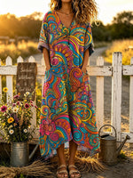 Women's Retro Floral Pattern Art Print Casual V Collar Cotton Linen Long Dress