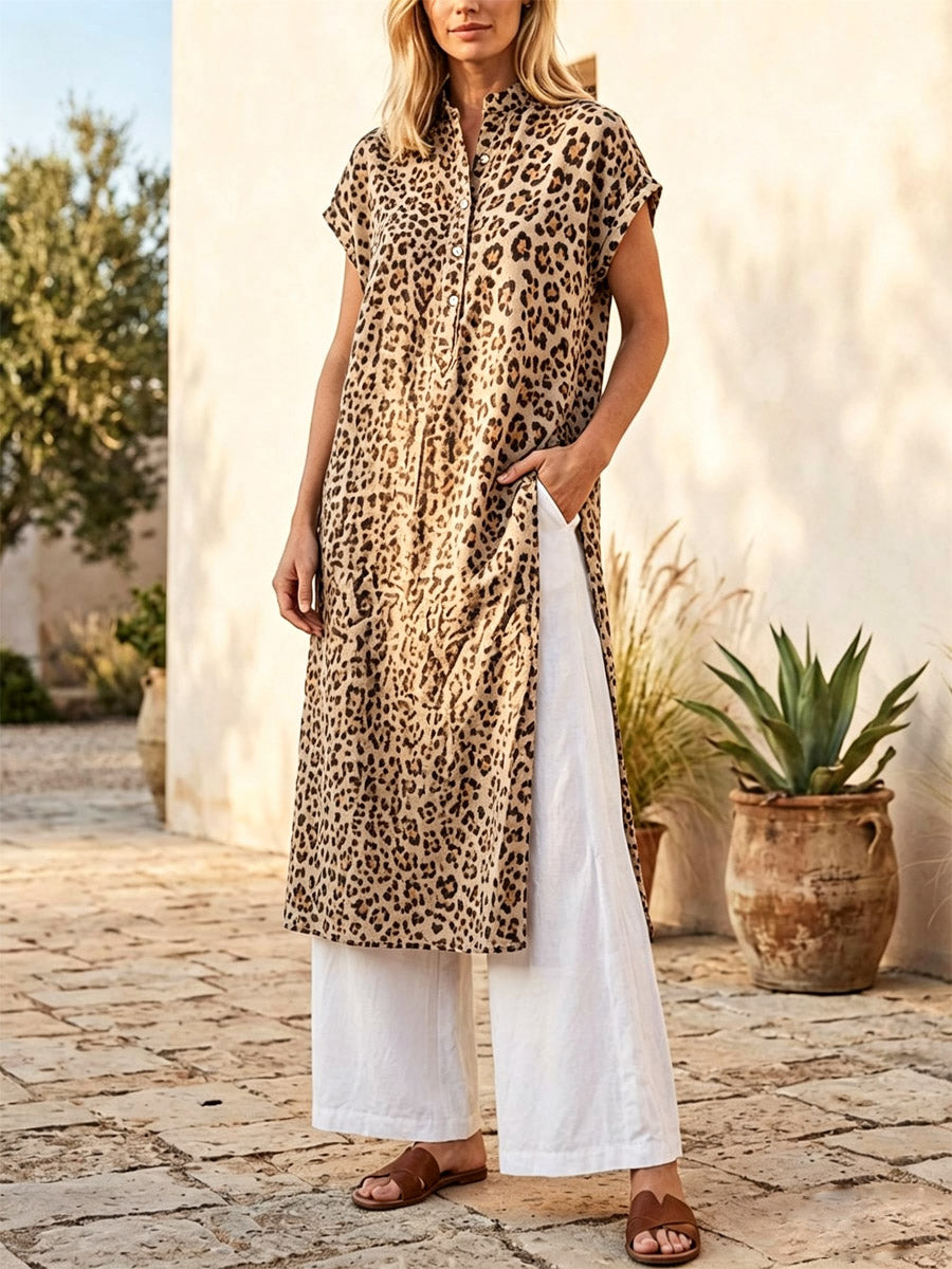 Retro Leopard Pattern Art Print Casual Side Slits Stylish Cotton Linen Shirt