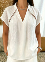 Women's V Neck Cutout Diagonal Shoulder Loose Linen Cotton Short Sleeve Top