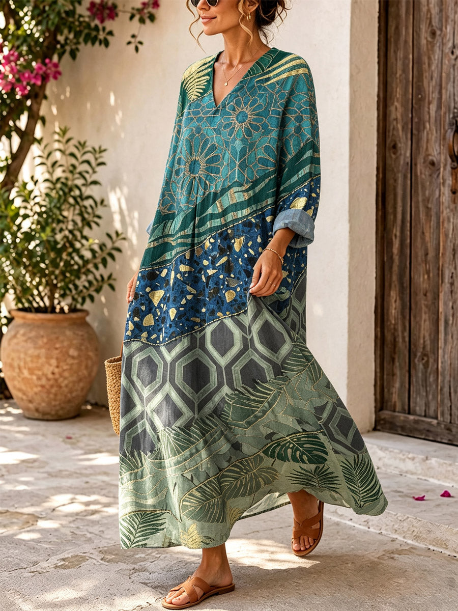 Retro Floral Patchwork Pattern Art Print Casual V-neck Long Sleeve Cotton Linen Maxi Dress