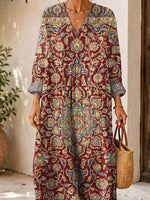 Retro Ethnic Floral Pattern Art Print Casual V-neck Long Sleeve Cotton Linen Maxi Dress