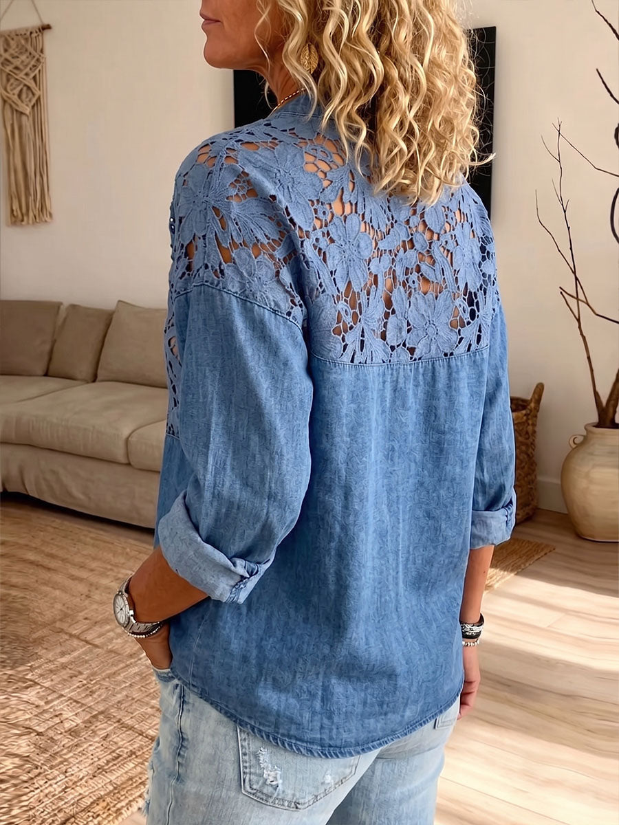 Vintage Elegant Openwork Lace Patchwork Denim Shirt