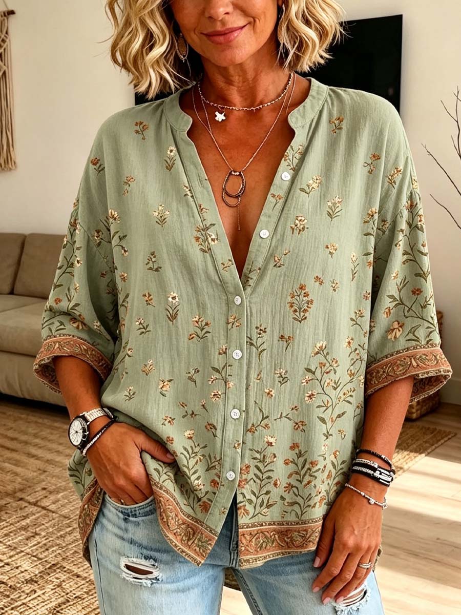 Retro Floral Pattern Art Print Casual Long Sleeve Cotton Linen Shirt