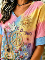 Women's Hippie Guitar Dove Sun Mushroom Musical Note Gradient Tie Dye Print V-Neck Short Sleeve Tee