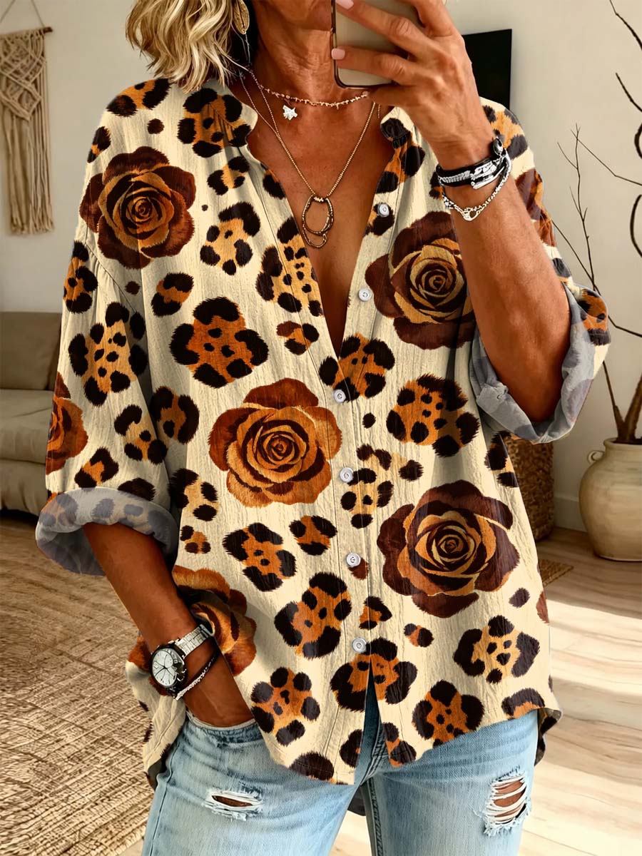 Women's Leopard Floral Pattern Art Print Casual Long Sleeve Cotton Linen Shirt