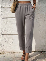 Women's Elastic Waist Floral Eyelet Cutout Cropped Casual Pants