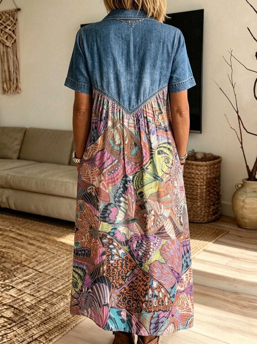 Women’s Denim Collar Colorful Butterfly Print Spliced Midi Shirt Dress