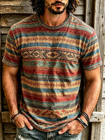 Men Navajo Ethnic Geometric Stripe Print Short Sleeve T-Shirt