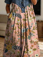 Vintage Floral Pattern Art Print Casual Stylish Lapel Denim Patchwork Dress