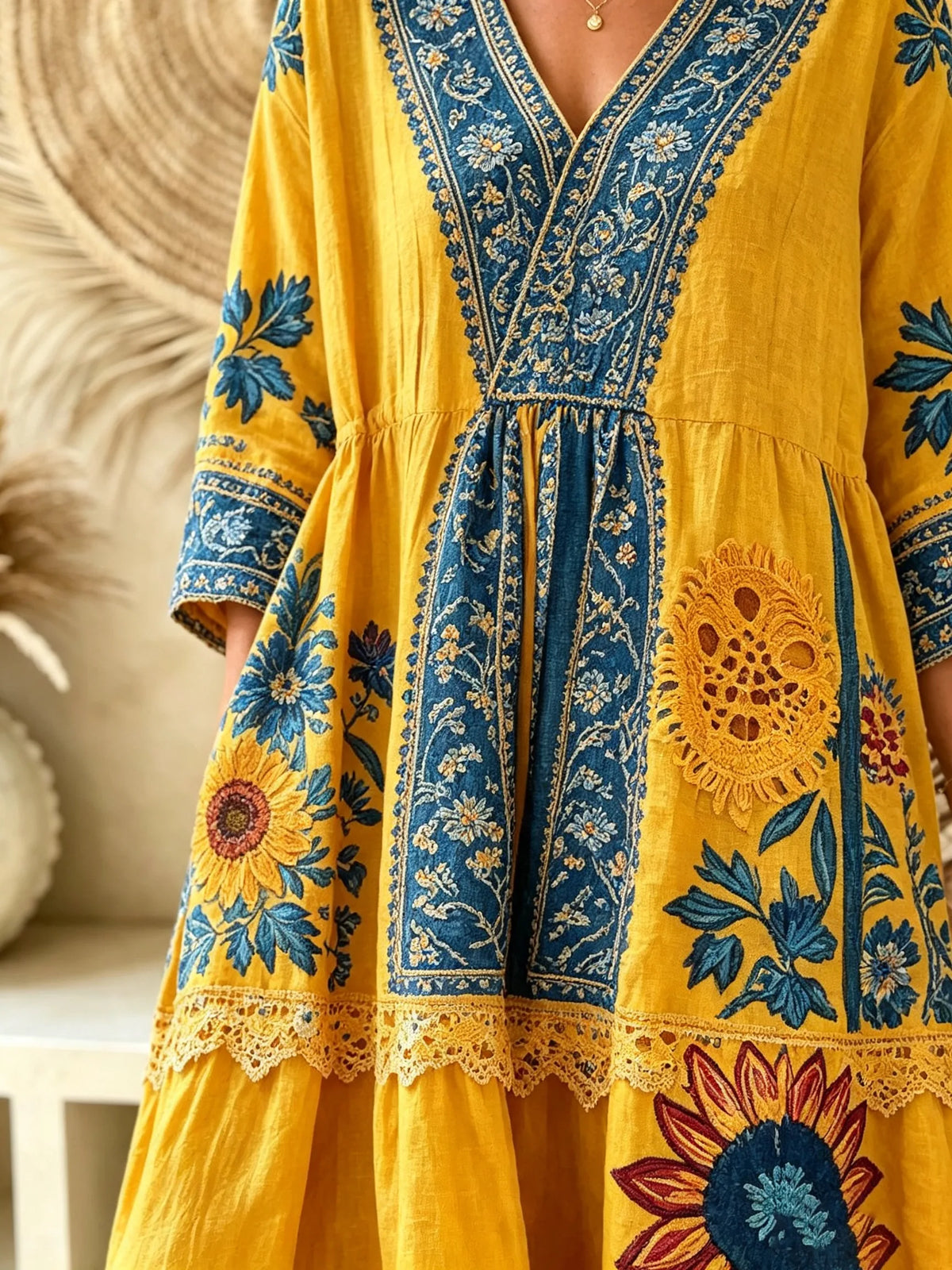 Women's Sunflower Floral Color Block Print V-Neck Loose Vacation Maxi Dress