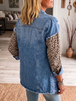 Vintage Elegant Openwork Lace Patchwork Denim Leopard Print Jacket