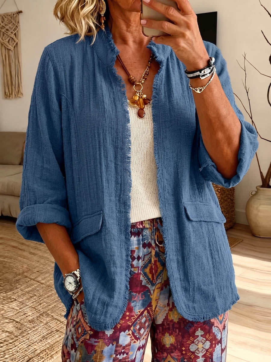 Vintage Elegant Frayed Cotton Linen Cardigan Shirt