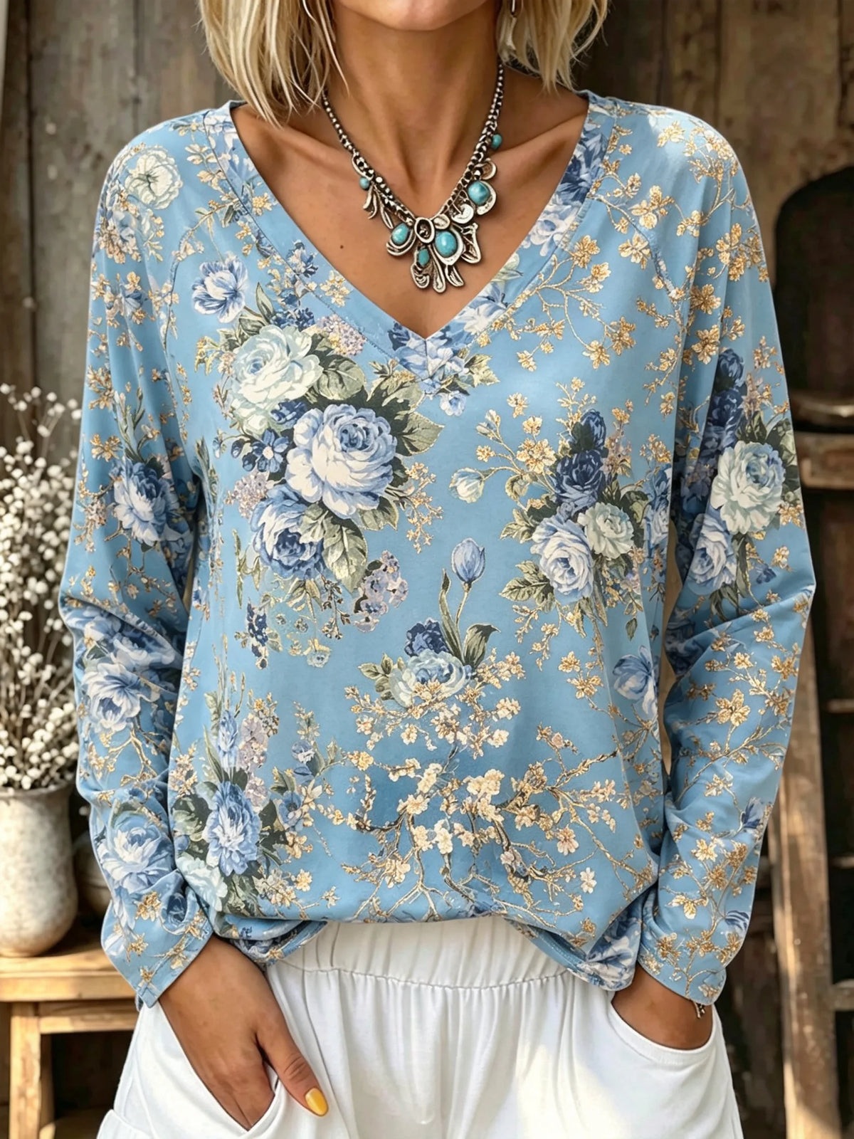 Women's Blue Rose Floral Art Print Long Sleeve Top